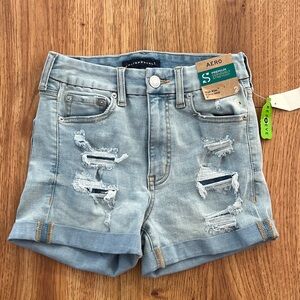 Aeropostale High Rise Curvy Midi 3” Light Blue Distressed Women Shorts Stretchy